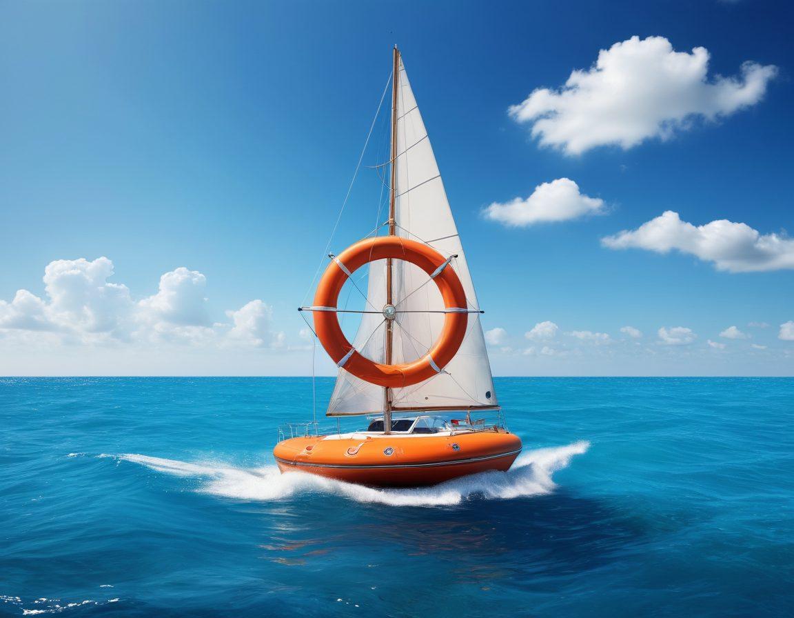 An elegant yacht sailing on tranquil blue waters under a clear sky, with vibrant images of different insurance policies gently floating in the breeze. Include visual symbols of protection, such as a shield and lifebuoy, blending seamlessly with the scenery. The yacht should reflect luxury and adventure, capturing the essence of risk management. super-realistic. vibrant colors. serene background.