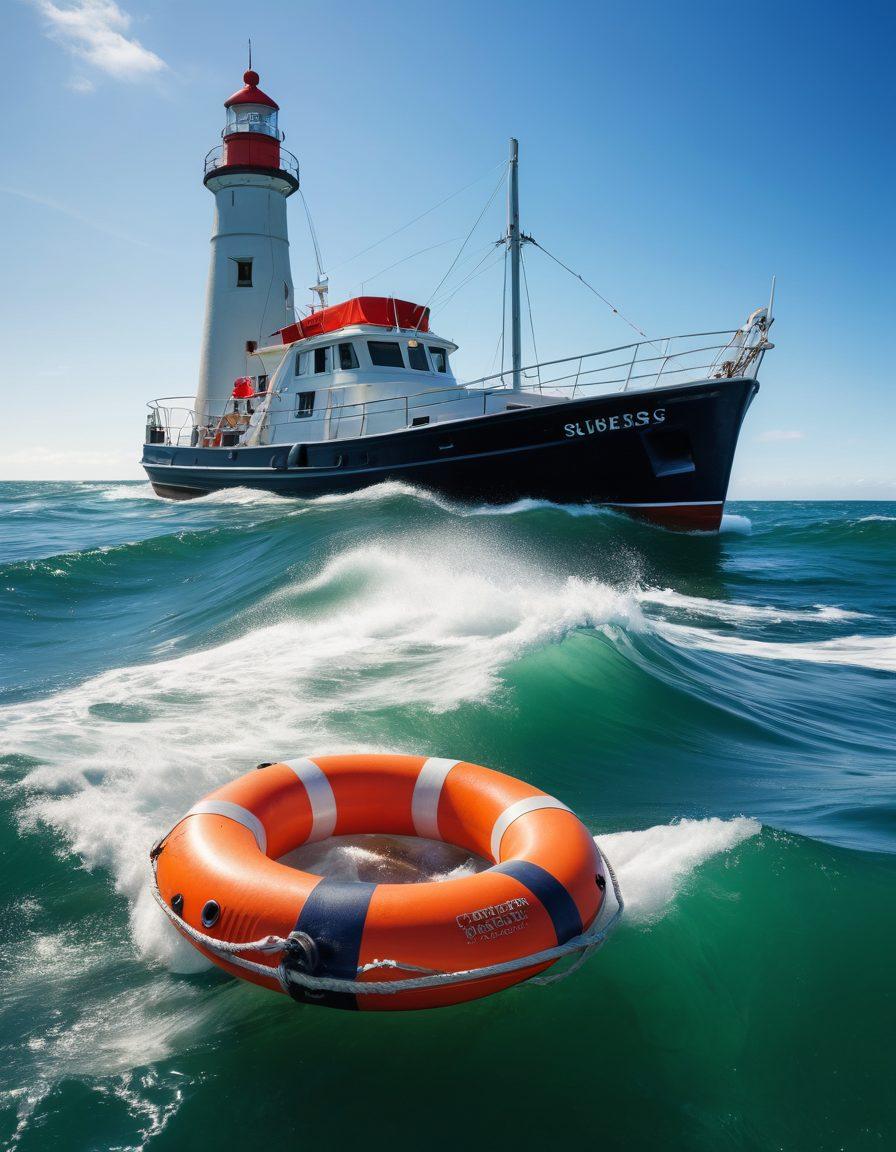 A serene ocean scene featuring a sturdy yacht navigating choppy waves under a bright blue sky, equipped with protective gear like fenders and life buoys. Illustrate the yacht with flags indicating marine coverage and safety symbols like a lifebuoy and insurance documents subtly incorporated into the water. In the background, depict a coastline with lush greenery and a lighthouse. Emphasize the sense of adventure, safety, and maritime elegance. super-realistic. vibrant colors.
