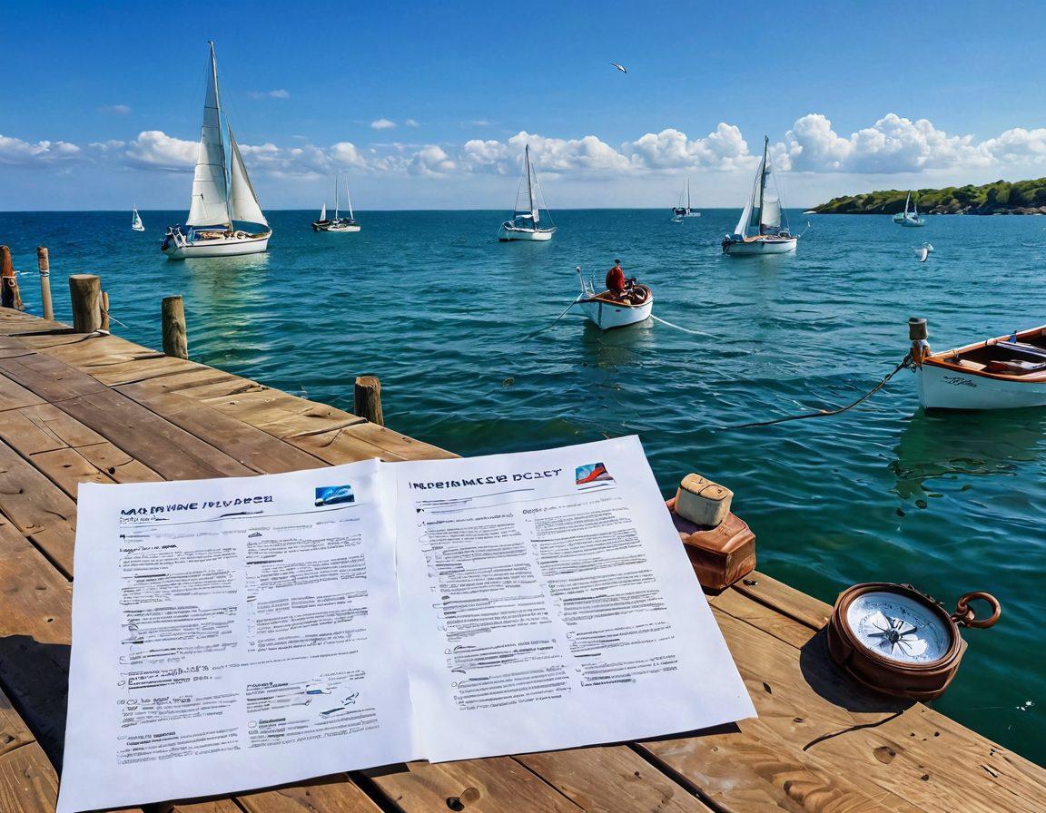 A serene seaside scene featuring a diligent sailor reviewing a colorful marine insurance policy on a wooden dock, surrounded by various watercraft like sailboats and motorboats. Waves gently lap against the shore, with a clear blue sky overhead and seagulls in the distance. Incorporate elements of adventure and security, like a life preserver and a compass on the dock. super-realistic. vibrant colors. expansive ocean backdrop.